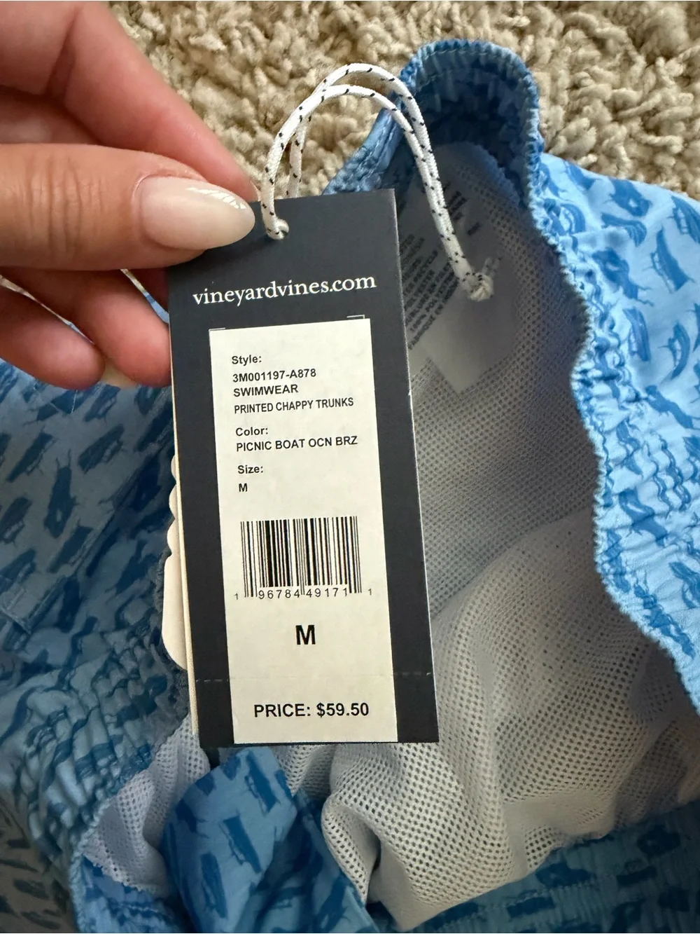 Vineyard Vines Light Blue Swim Trunks with Dark Blue Boat Print Boys Medium NWT